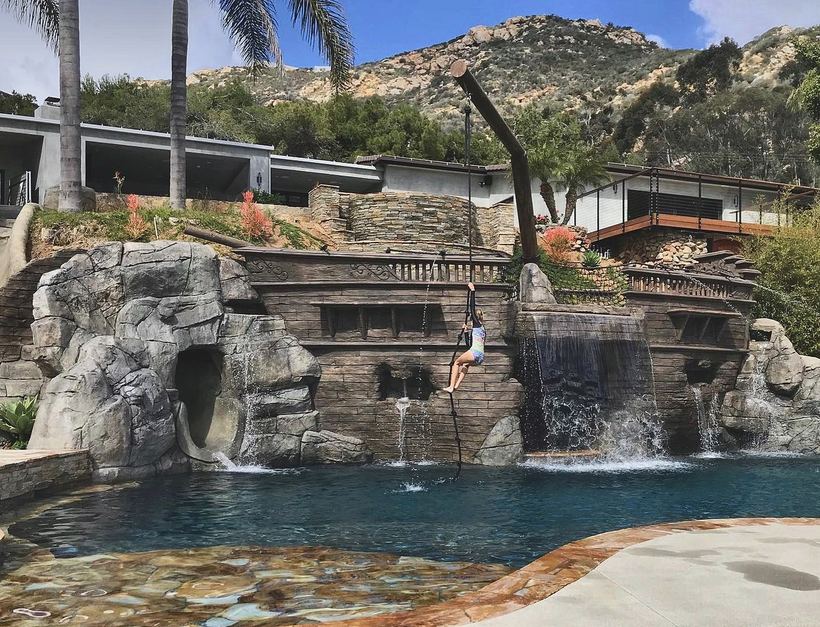 Rope swing, slide and waterfalls