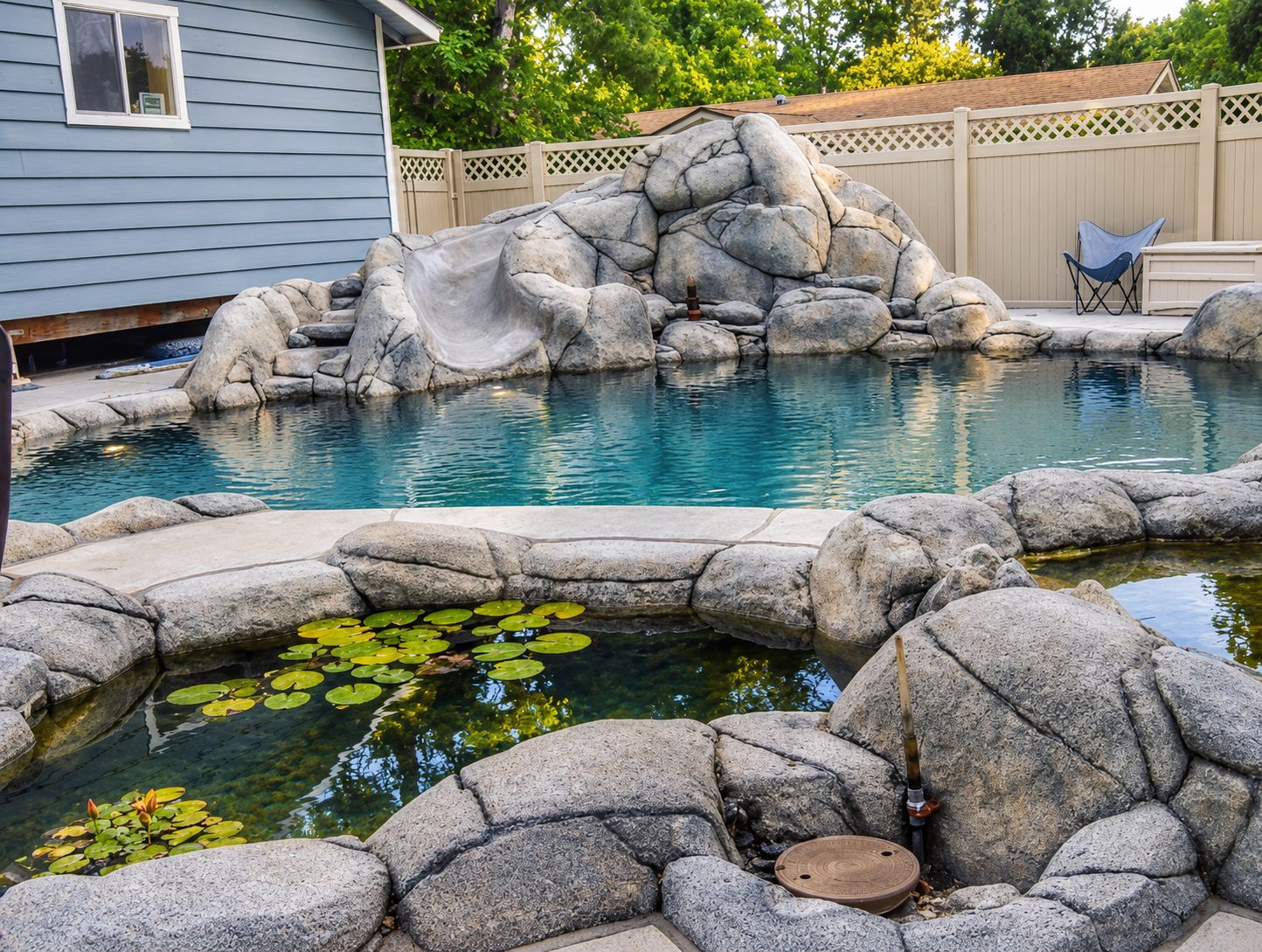 Pool, Slide and Koi Pond